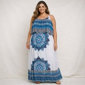 ROUGE Plus 4X Maxi Dress Boho Mandala Print Tiered Layered Tank Straps Party